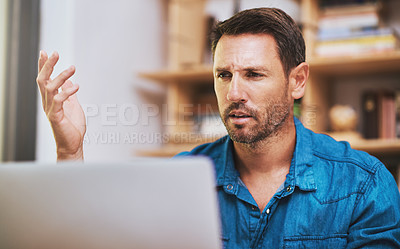 Buy stock photo Business man, laptop and frustrated in home for network glitch, connection and software error warning. Developer, technology and confused in house for troubleshooting, crisis and application fail