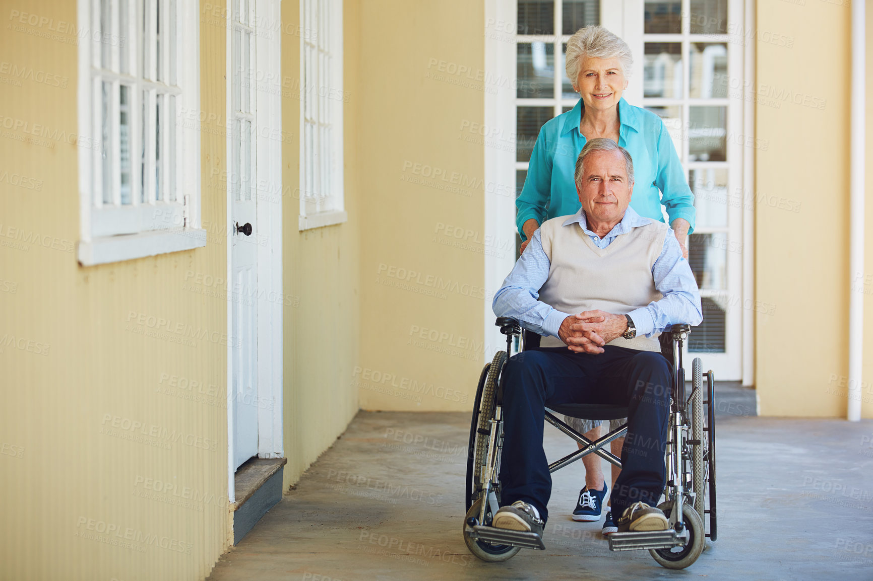 Buy stock photo Portrait, old woman or senior man wheelchair in retirement home helping push husband for support. Happy people, mature couple or elderly lady with a mature person with a disability in house 