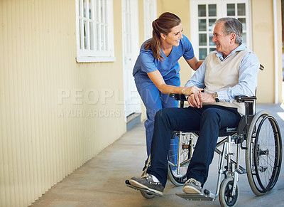 Buy stock photo Talking, happy caregiver or old man in wheelchair in hospital helping an elderly patient for support in clinic. Medical nurse or healthcare social worker speaking to a senior person with disability 