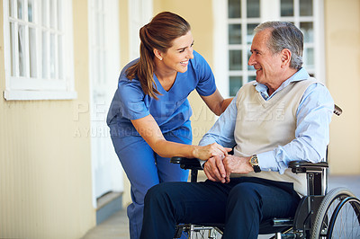 Buy stock photo Speaking, happy caregiver or old man in wheelchair in hospital helping an elderly patient for support in clinic. Medical nurse or healthcare social worker talking to a senior person with disability 