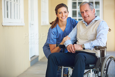 Buy stock photo Portrait, caregiver or old man in a wheelchair in hospital helping an elderly patient for support in clinic. Happy, medical or healthcare social worker talking to a senior person with a disability