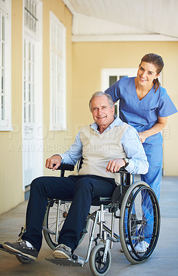 Buy stock photo Portrait, nurse or happy old man in wheelchair in hospital clinic helping an elderly patient for trust or support. Happy, smile or healthcare caregiver talking to senior person with a disability 