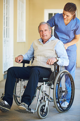 Buy stock photo Portrait, nurse or old man in wheelchair in hospital helping an elderly patient for trust or support in clinic. Happy, caregiver or healthcare social worker talking to senior person with a disability
