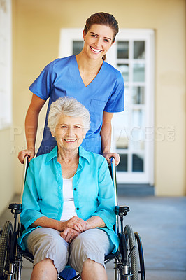 Buy stock photo Portrait, nurse or happy old woman in wheelchair in hospital clinic helping an elderly patient for support. Trust, smile or healthcare medical caregiver talking to a senior person with a disability