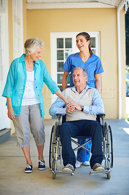 Buy stock photo Wife, caregiver laughing or old man in wheelchair in hospital clinic helping an elderly patient for support. Funny, happy or healthcare nurse speaking or smiling with senior people with a disability