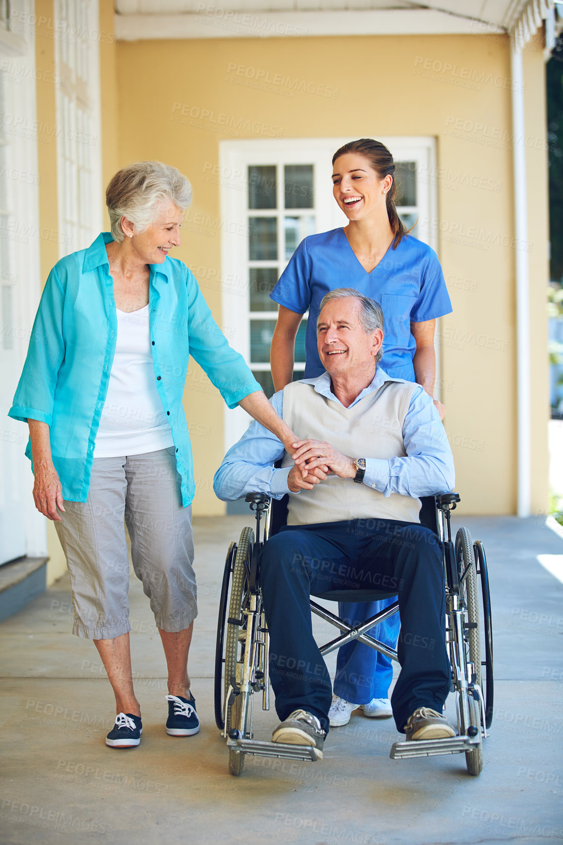 Buy stock photo Wife, caregiver laughing or old man in wheelchair in hospital clinic helping an elderly patient for support. Funny, happy or healthcare nurse speaking or smiling with senior people with a disability