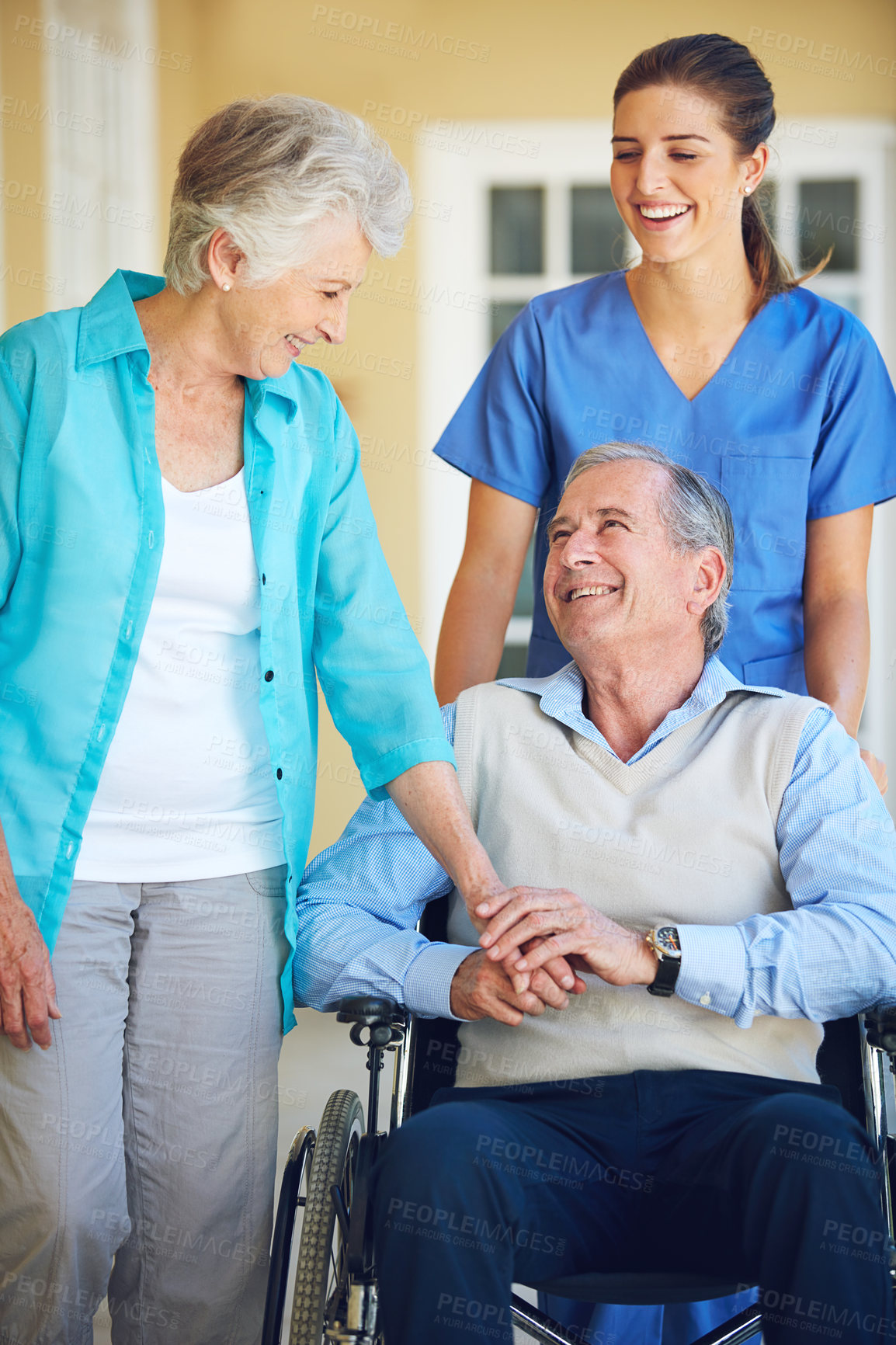 Buy stock photo Wife, nurse laughing or old man in wheelchair in hospital clinic helping an elderly patient for support. Funny, happy or healthcare nurse with senior person with a disability and woman holding hands