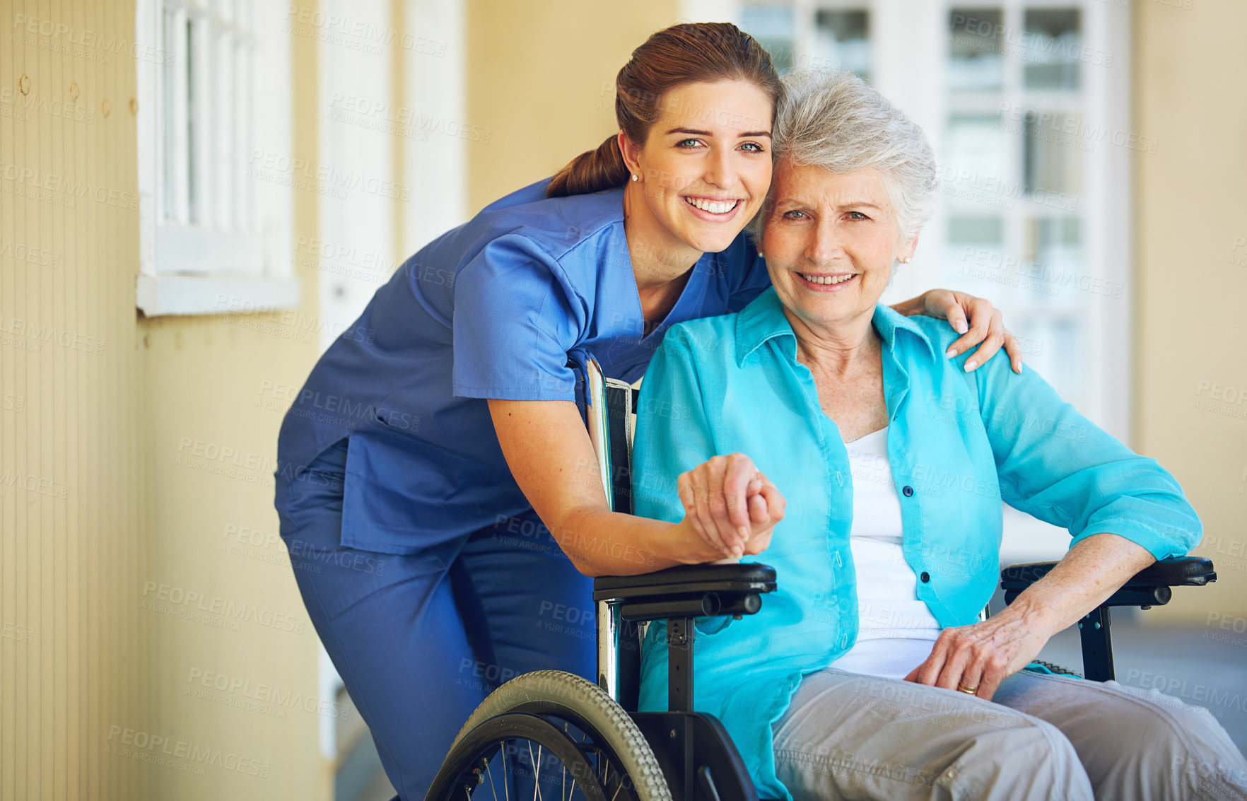 Buy stock photo Portrait of nurse, hugging or old woman in wheelchair in hospital helping a senior patient for support. Holding hands, happy smile or healthcare caregiver smiling with an elderly lady with disability