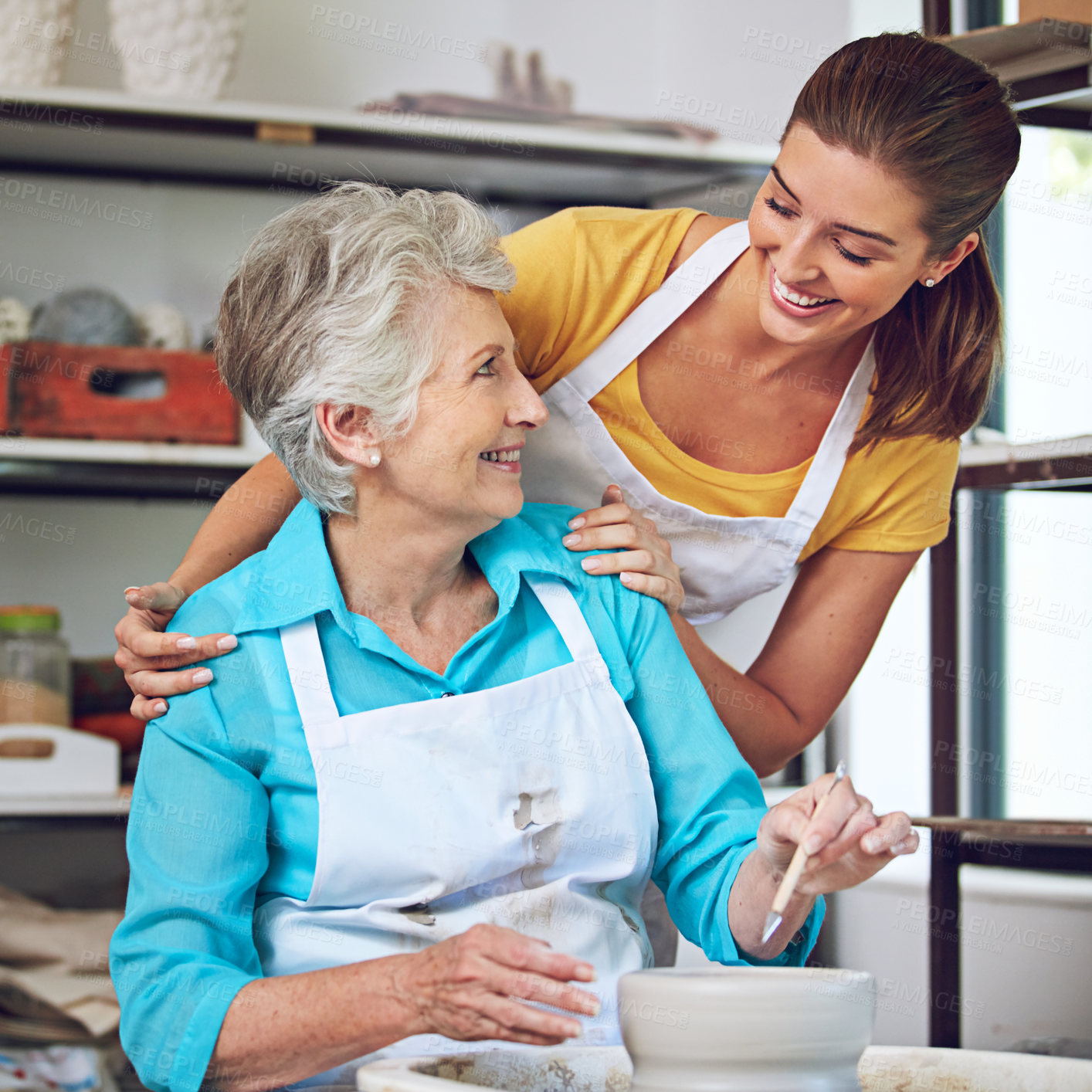 Buy stock photo Learning, old woman and daughter with clay, workshop and happy for creative hobby, love and bonding. Laughing, family and elderly parent with skills, retirement and lesson with handmade art or talent
