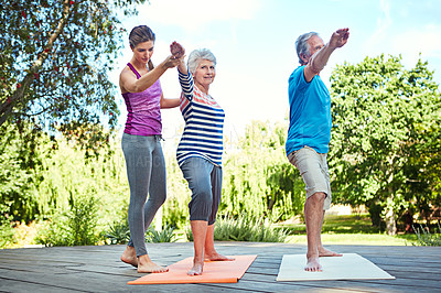 Buy stock photo Nature, senior couple and yoga coach teaching exercise, retirement workout or fitness performance. Personal trainer, yogi and elderly man, woman or people learning pilates, training or health balance