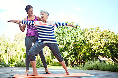 Buy stock photo Nature, senior woman and yoga coach teaching exercise, coaching retirement workout or outdoor fitness. Personal trainer, wellness instructor and old person, yogi or people learning pilates training 