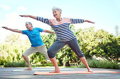 Buy stock photo Nature, yoga and senior couple doing outdoor exercise, retirement workout or fitness performance. Wellness, freedom and elderly man, woman or people doing pilates pose, training or health balance