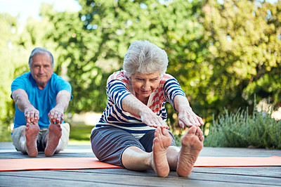 Buy stock photo Nature, yoga stretching and senior couple start outdoor exercise, training workout or health fitness on park floor. Wellness, freedom and elderly marriage people, man or woman doing pilates warm up