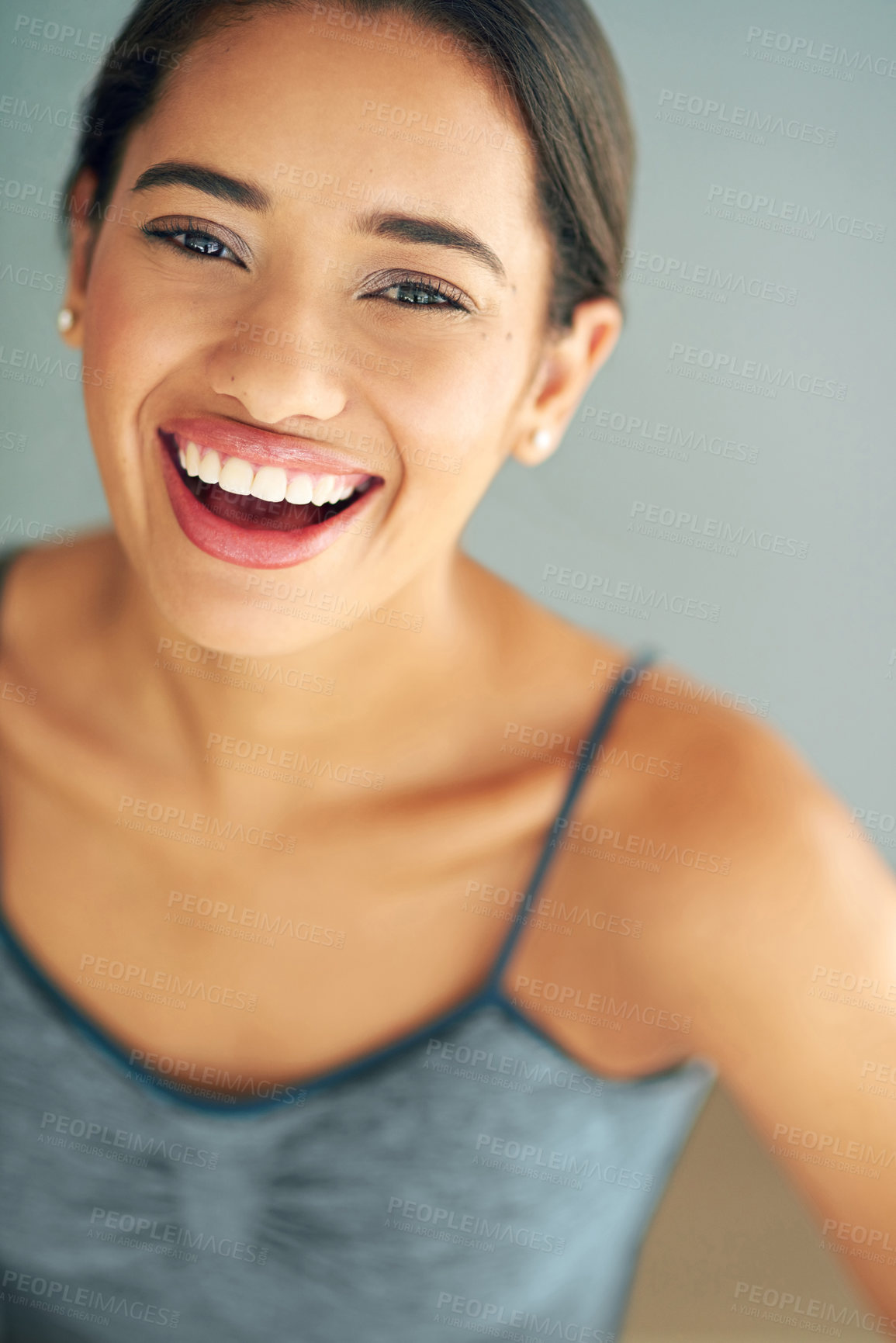 Buy stock photo Happy woman, portrait and face in home for fitness, wellbeing or healthy body in Brazil. Female person, smile or motivation for wellness in sports, exercise or excited for health benefits for workout