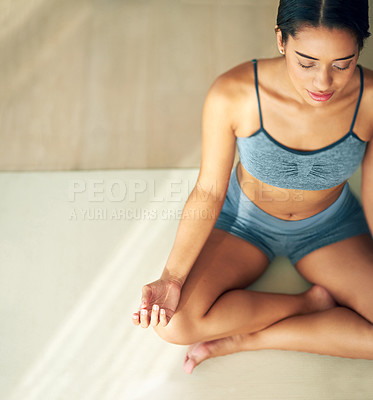 Buy stock photo Above, woman and meditation in yoga for peace, calm and wellness on mat mockup. Fitness person, zen and healthy body in Brazil for spiritual healing, positive mental health and lotus to align chakra