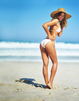 Buy stock photo Portrait of a gorgeous young woman in a bikini at the beach