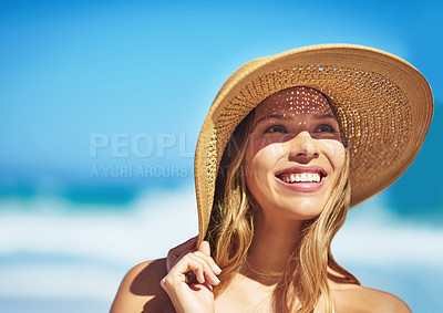 Buy stock photo Shot of a gorgeous young woman in a bikini at the beach