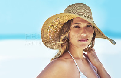 Buy stock photo Space, summer and portrait of woman at beach for travel vacation, tropical and relax mockup. Wellness, nature and holiday with face of female tourist and hat at seaside for sunbathing and paradise
