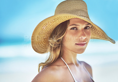 Buy stock photo Holiday, summer and portrait of woman at beach for vacation, tropical and relax mockup. Wellness, nature and travel with face of female tourist and hat at seaside for sunbathing and paradise
