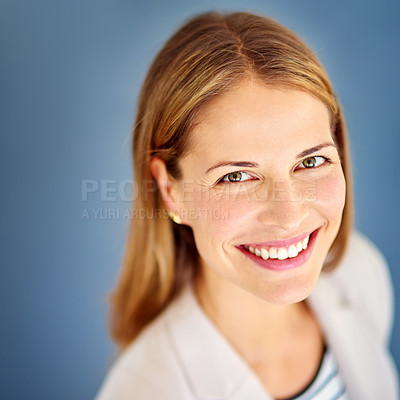 Buy stock photo Portrait, business and woman with smile, consultant and confident person on blue studio background. Face, creative and agent with happiness, magazine editor and journalist with trend expert and joy