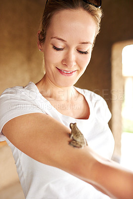 Buy stock photo Shot of a tiny frog sitting on a woman's arm