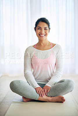 Buy stock photo Portrait of an attractive young woman doing yoga at home