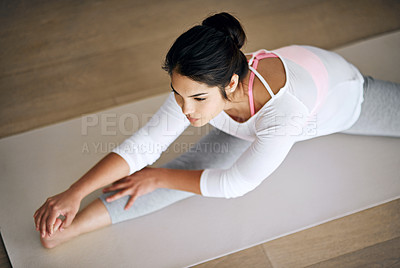 Buy stock photo Yoga, stretching and woman in home for exercise, flexibility or holistic training. Above pilates, fitness and female person warm up for wellness, workout or healthy body with muscle practice in house