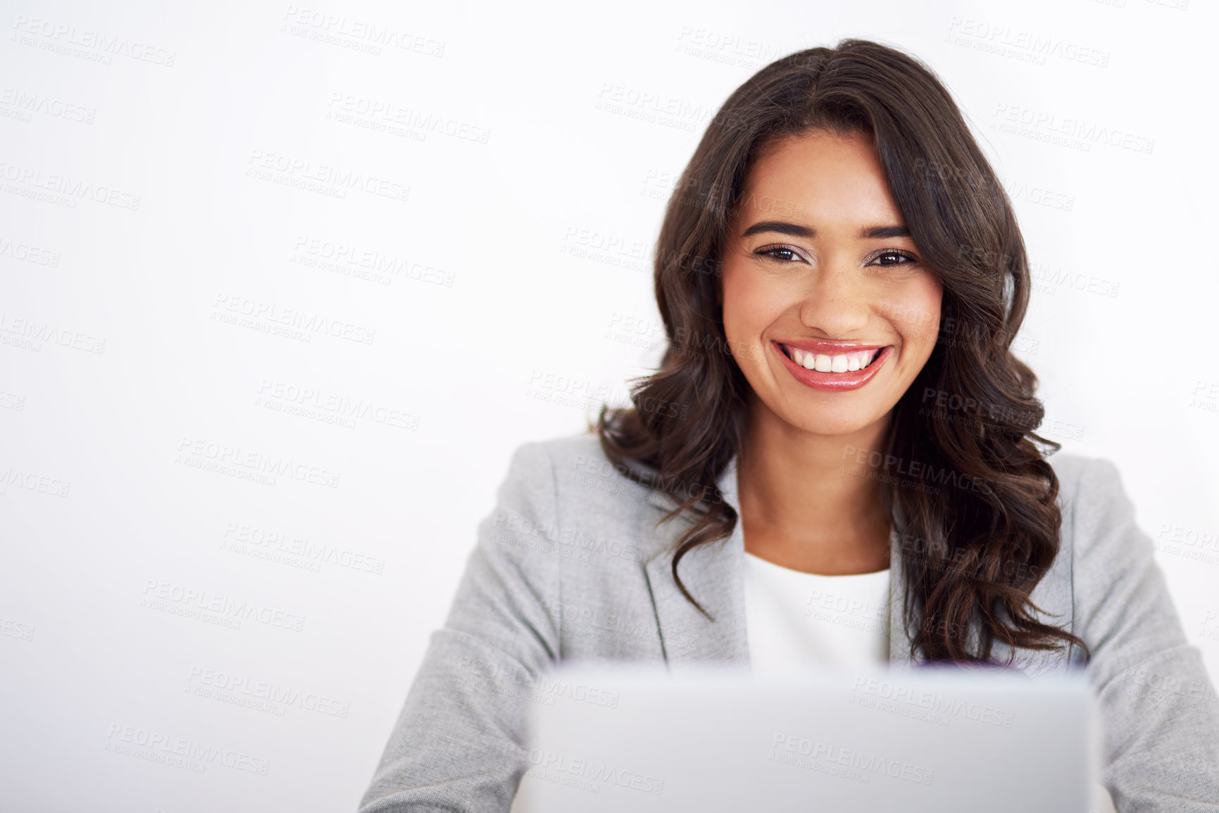 Buy stock photo Portrait, business and woman with laptop, smile and finance clerk on white studio background. Face, happy person and employee with pc, online system and accounting report with admin for profit growth