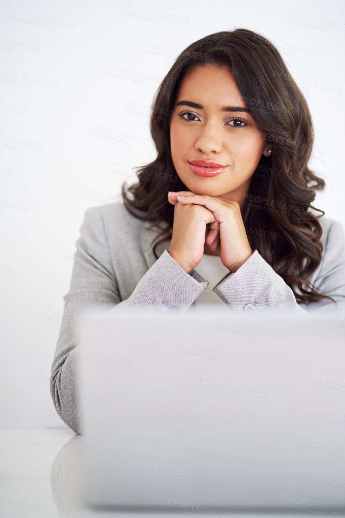 Buy stock photo Portrait, business and woman with laptop, finance clerk and consultant on white studio background. Face, person and employee with pc, online system and accounting report with admin and professional