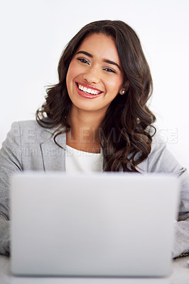 Buy stock photo Portrait, small business and woman with laptop, smile and finance clerk on white studio background. Face, professional and happy employee with pc, accounting report and admin for investment planning