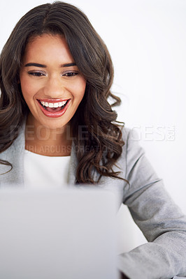 Buy stock photo Portrait, business and woman with laptop, surprise and investor on white studio background. Face, happy person and employee with pc, excited and accounting report with email for funding approval