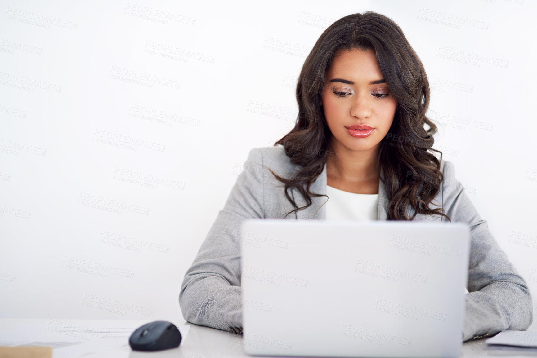 Buy stock photo Typing, business and woman with laptop, professional and finance clerk on white studio background. Stock market, person and employee with pc, online system and accounting report with connection