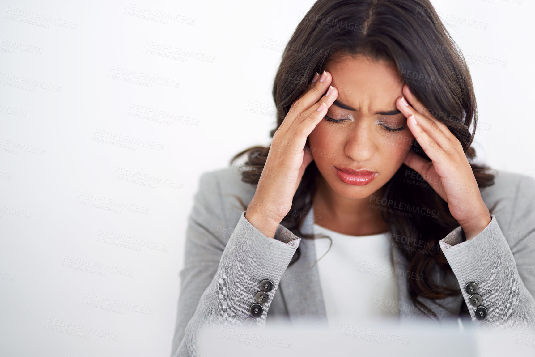 Buy stock photo Business woman, headache and tech with burnout, tired and stress from tax and finance deadline. Mockup, pain and frustrated auditor employee with computer and audit problem with wall background