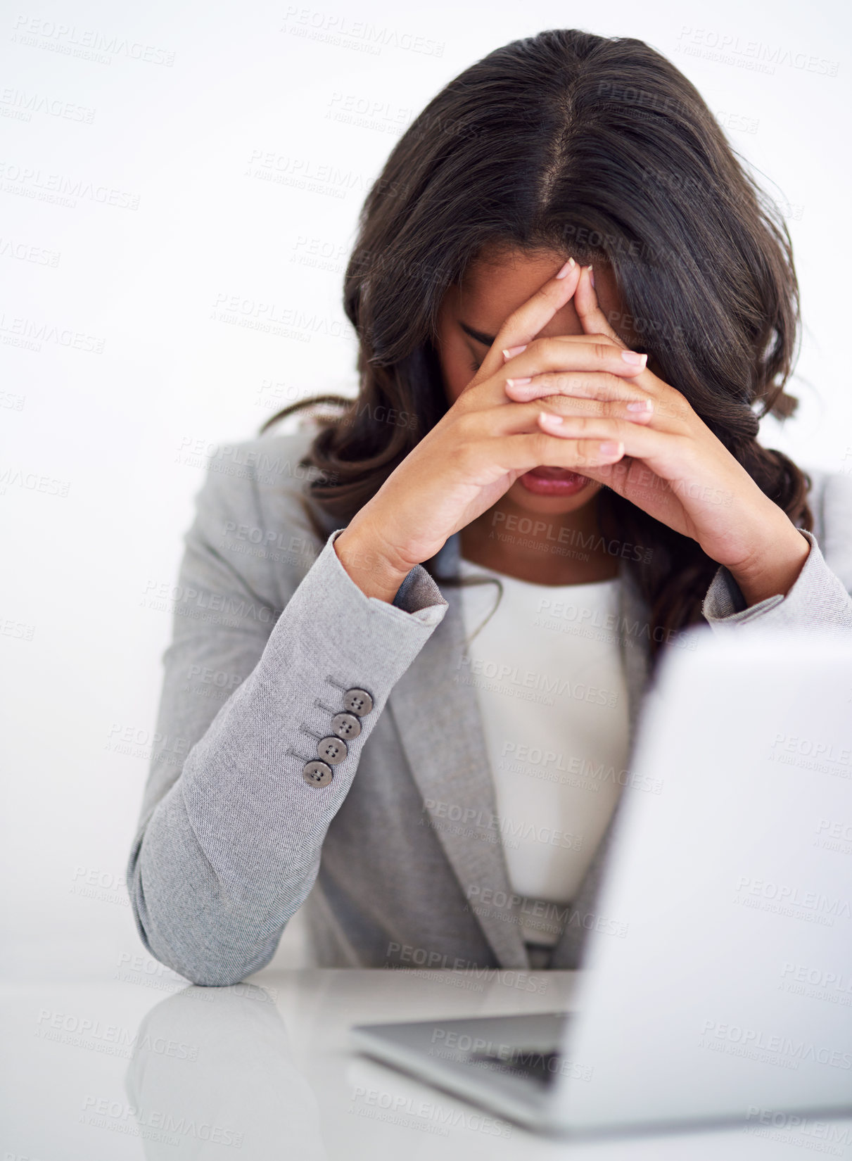 Buy stock photo Business woman, headache and laptop with stress, tired and burnout from tax and finance deadline. Anxiety, email and frustrated auditor employee with computer and audit problem with wall background