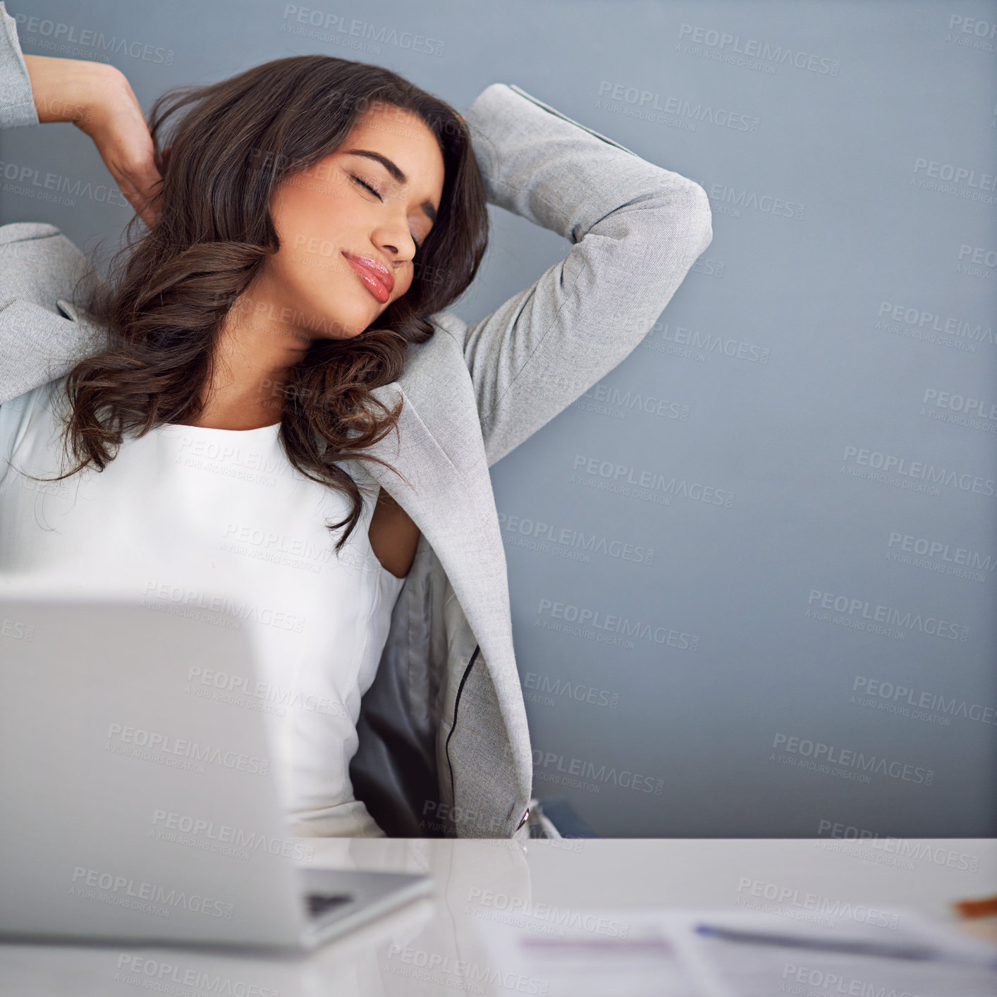 Buy stock photo Stretching, business woman and work break with calm, relax and laptop with smile from weekend. Professional, staff and finance employee with tech and peace after done project and mockup at desk