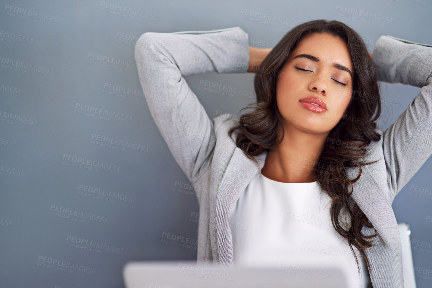 Buy stock photo Stretching, business woman and break with rest, relax and laptop with tired accountant. Professional, staff and fatigue of finance employee with tech and nap after project and deadline at work desk