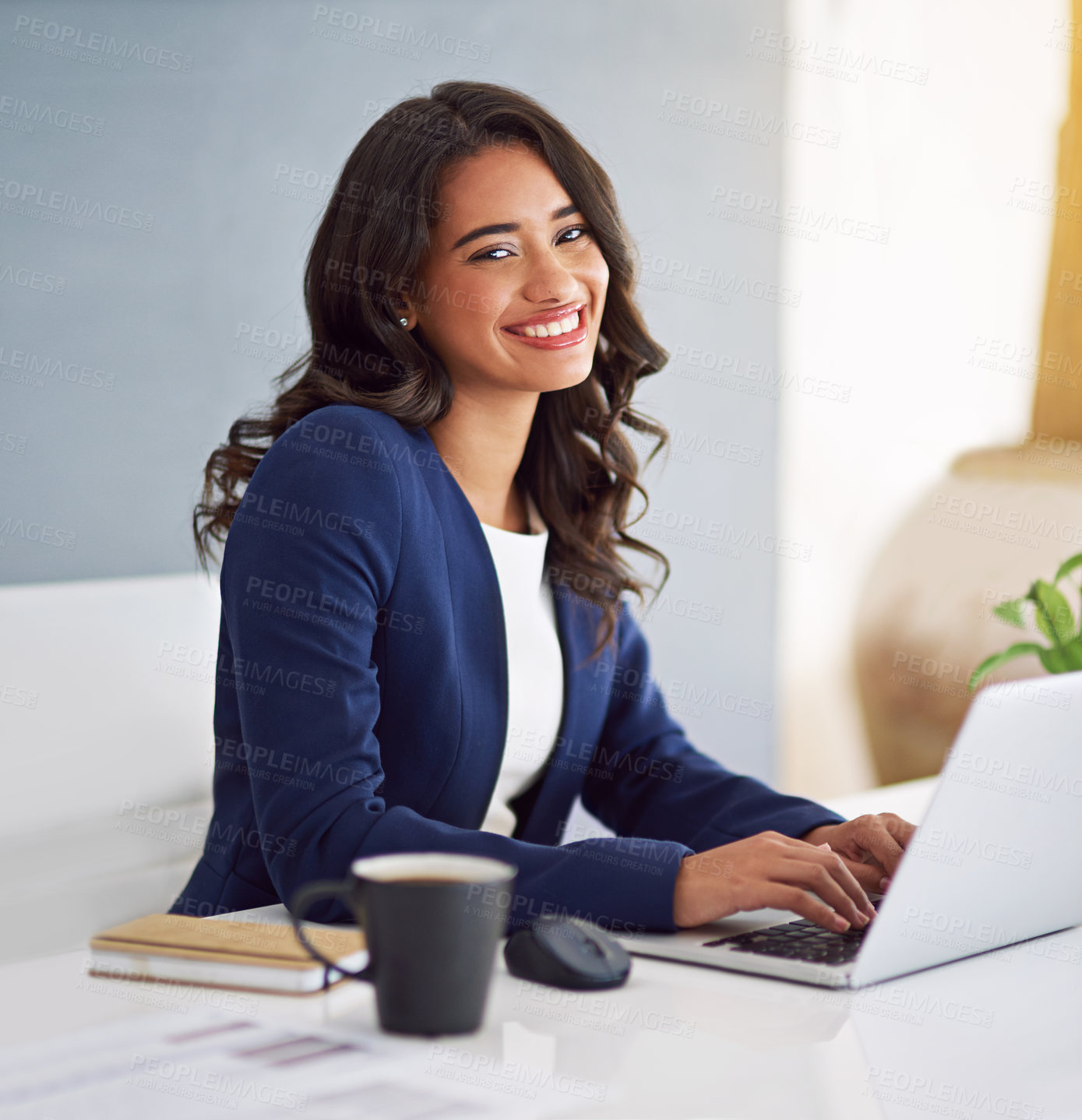 Buy stock photo Feedback, happy or businesswoman in portrait on laptop for consulting online, research or policy review. Consultant, lawyer or legal advisor on technology for case schedule, email or attorney advice