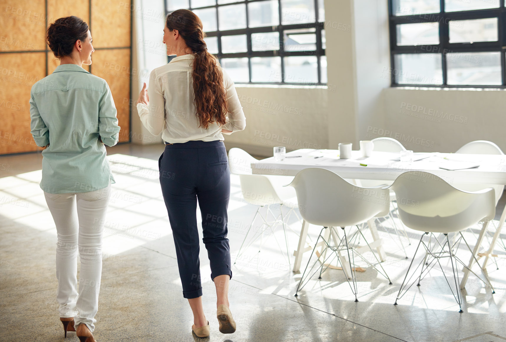 Buy stock photo Back, boardroom and meeting with business women in office together for start of discussion. Conversation, startup and planning with colleague people in professional workplace for partnership