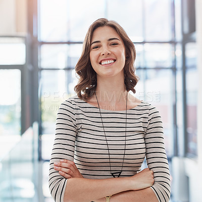 Buy stock photo Confidence, crossed arms and portrait of a woman in a office with a happy, good and positive mindset. Happiness, smile and professional corporate female employee standing in the modern workplace.