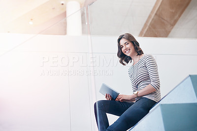 Buy stock photo Tablet, portrait and businesswoman on the stairs in the office  doing research for corporate project. Happy, smile and professional female employee working on company report with mobile in workplace.
