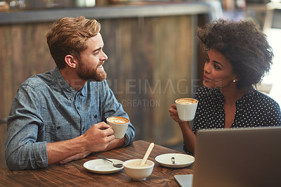 Buy stock photo Business people, meeting and drinking coffee with laptop in cafe for remote work, lunch break and discussion. Professional, employees and communication for planning, partnership and sharing ideas 