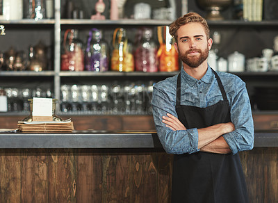 Buy stock photo Portrait of a young barista working in a cafe