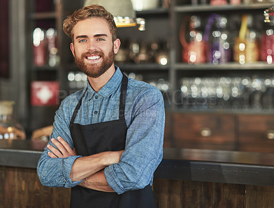 Buy stock photo Happy, barista and portrait of man in a coffee shop by the counter in his startup cafeteria. Smile, confidence and small business owner or waiter with crossed arms and success in his new restaurant.