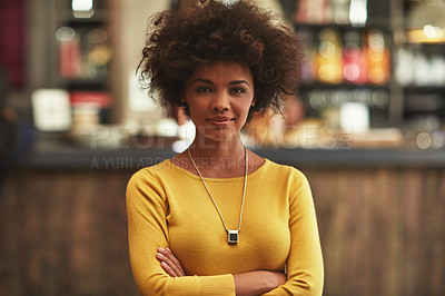 Buy stock photo Portrait of a confident young woman in a cafe