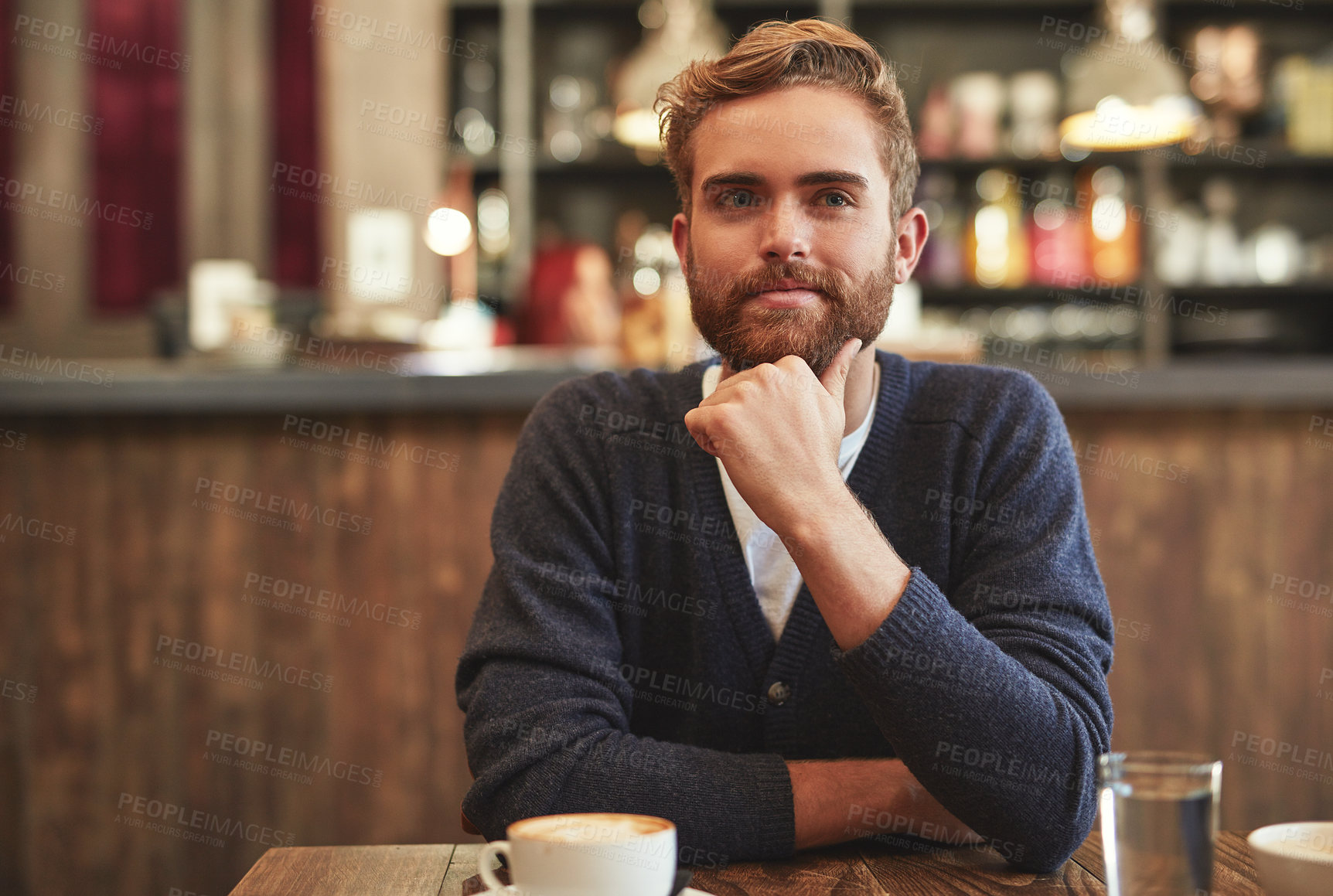 Buy stock photo Thinking, relax and man at cafe for planning future, inspiration and creative menu ideas. Restaurant, dream and person in coffee shop for reflection, peace and calm small business owner with insight