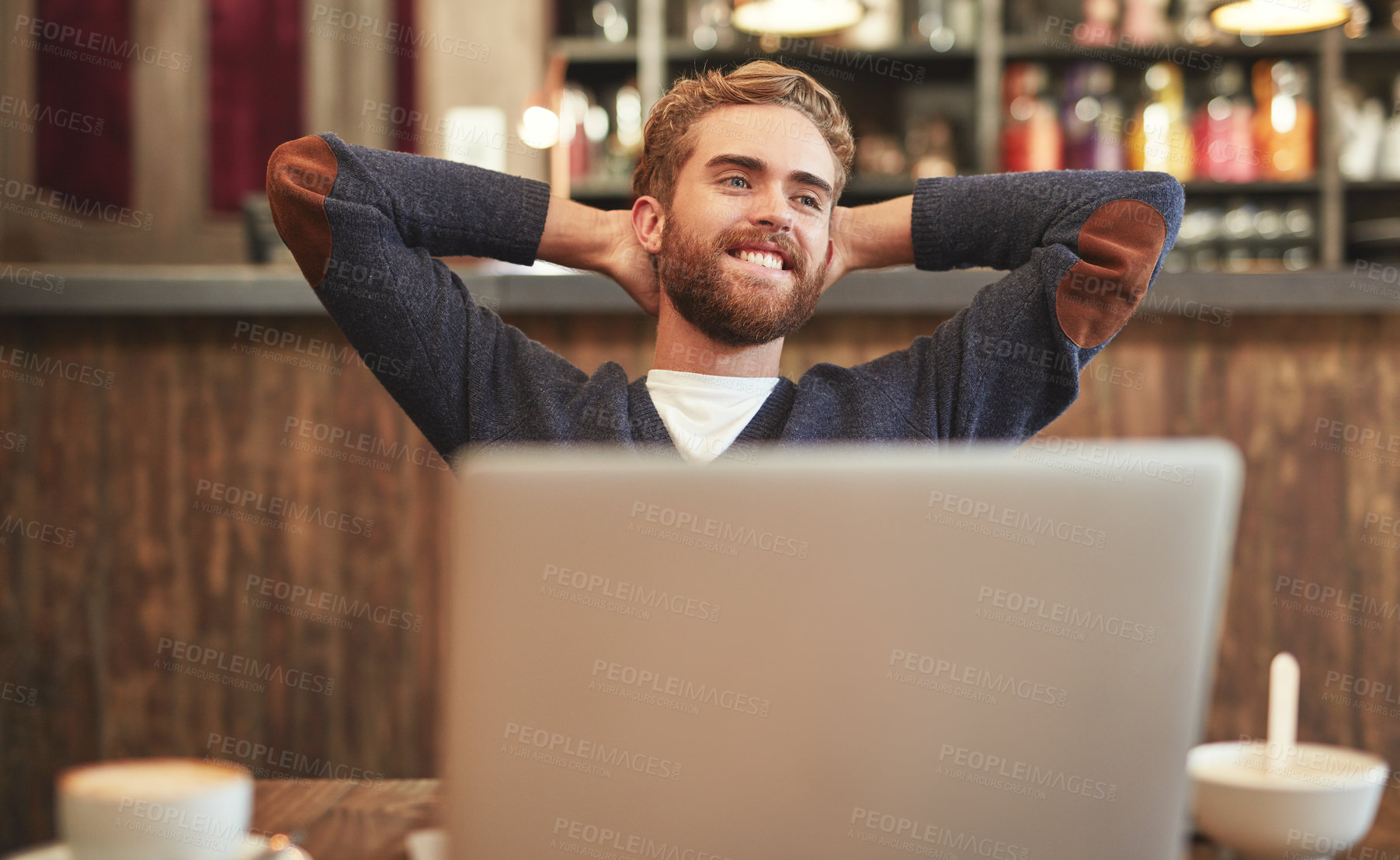 Buy stock photo Happy, man and relax by laptop at cafe for freelance trading, remote work and done with task. Investor, smile and satisfaction with tech at coffee shop for stock market, investment and achievement