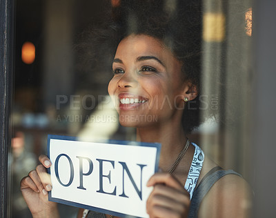 Buy stock photo Open sign, restaurant store window and happy woman, small business owner or manager with cafe poster for welcome. Commerce billboard, startup coffee shop and female waitress for retail sales service