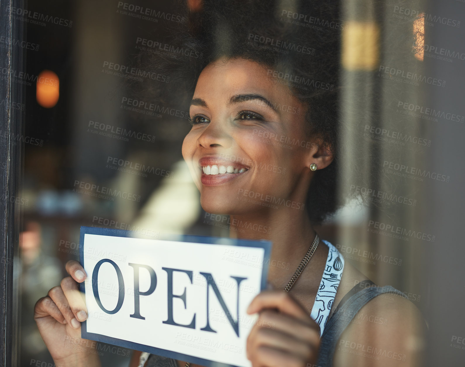 Buy stock photo Open sign, restaurant store window and happy woman, small business owner or manager with cafe poster for welcome. Commerce billboard, startup coffee shop and female waitress for retail sales service