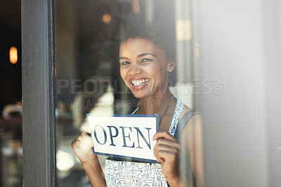 Buy stock photo Cafe open sign, window portrait and happy woman with smile for retail service, restaurant welcome or coffee shop opening. Small business owner, board and person smiling for entrepreneur startup store