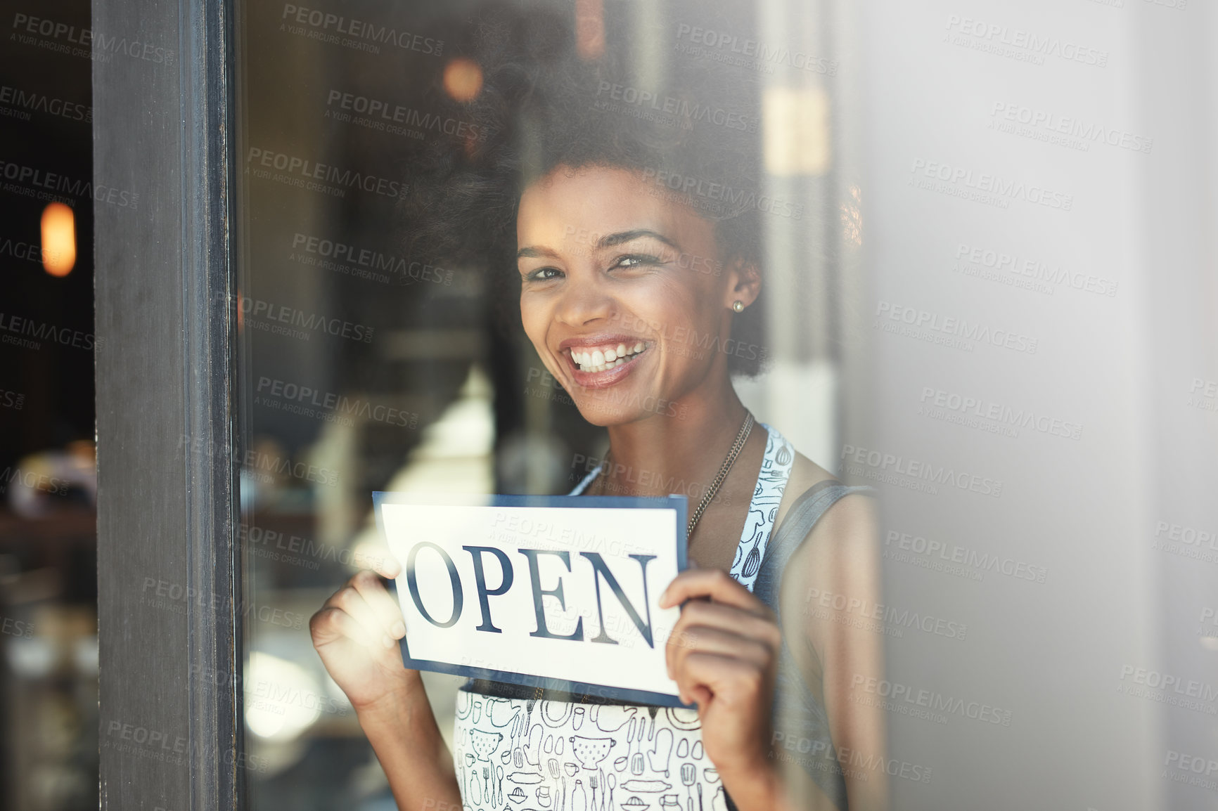 Buy stock photo Cafe open sign, window portrait and happy woman with smile for retail service, restaurant welcome or coffee shop opening. Small business owner, board and person smiling for entrepreneur startup store